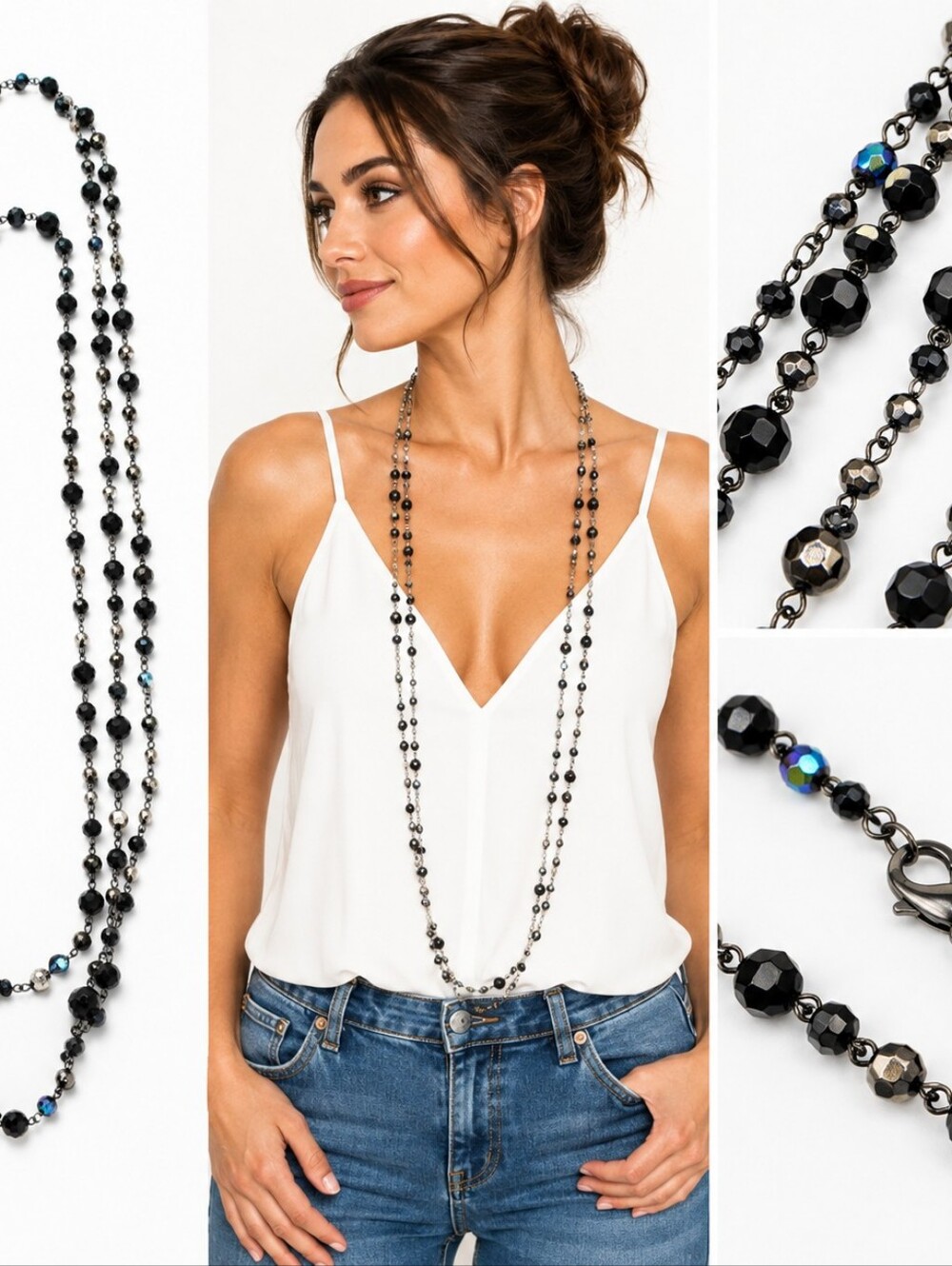 Premier Designs Black & Gunmetal Beaded  Necklace 36”Beautiful Premier Designs